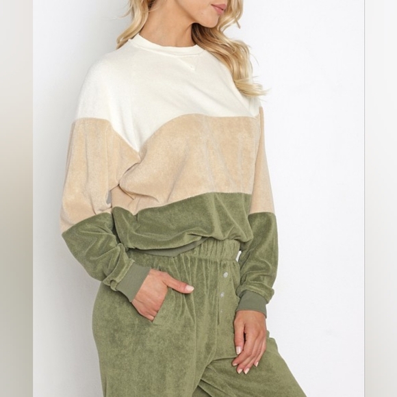 DONNI. Tri Terry Sweater Cream/Latte/Basil Women's XS Sweatshirt Color Block - Picture 8 of 9